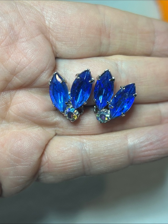 Jewelry - Blue Crystal Leaf Cluster Clipon Earrings - Unbranded